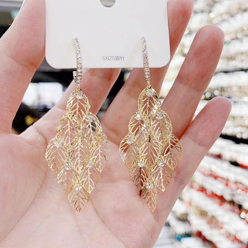 韩国东大门S925银针镂空树叶流苏耳环女气质高级感显脸瘦耳坠耳饰