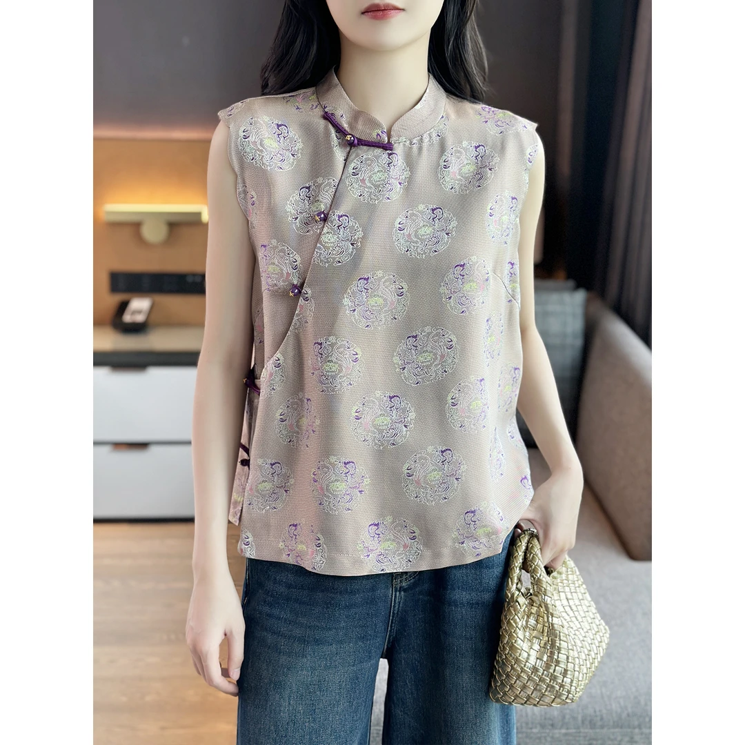 左左家 轻奢贵气紫色~100%真丝异色花萝提花斜襟盘扣中式马甲上衣