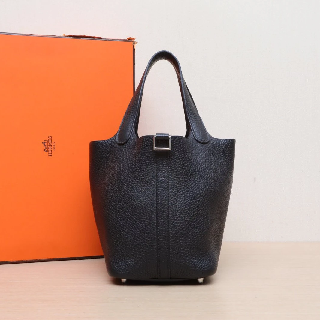 95新 Hermes/爱马仕 【念念】菜篮子 18 89黑色 TC皮 D刻 银扣 包