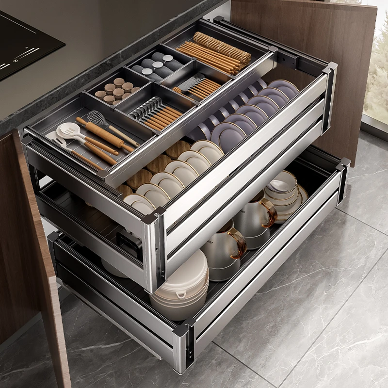 百悍拉篮厨房橱柜碗篮双层抽屉式碗碟碗柜太空铝厨柜碗架调味置物