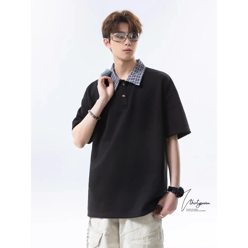 黑色假两件拼接短袖polo衫男女夏季学院风翻领T恤美式情侣装半袖