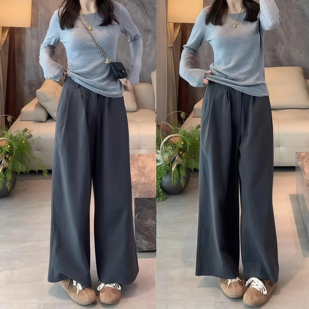 文艺复古松驰感套装女2025春秋新款显瘦针织长袖t恤阔腿裤两件套