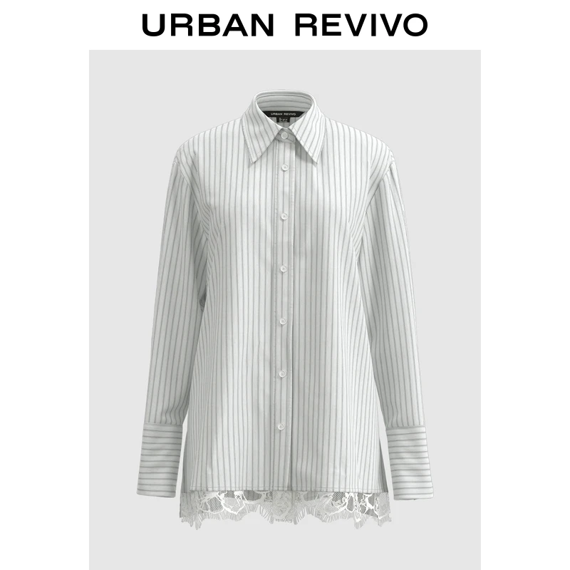 UR2025秋季新款女装条纹拼接蕾丝长袖开襟衬衫UWJ250067+