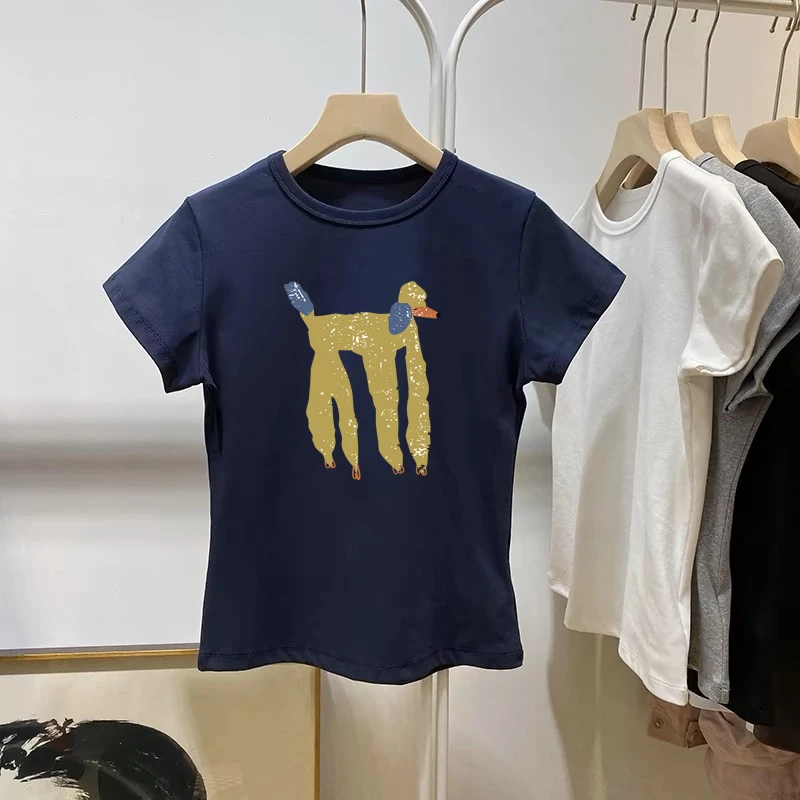 2025夏季正肩纯棉圆领短袖t恤女装ins时尚百搭洋气藏青色上衣修身