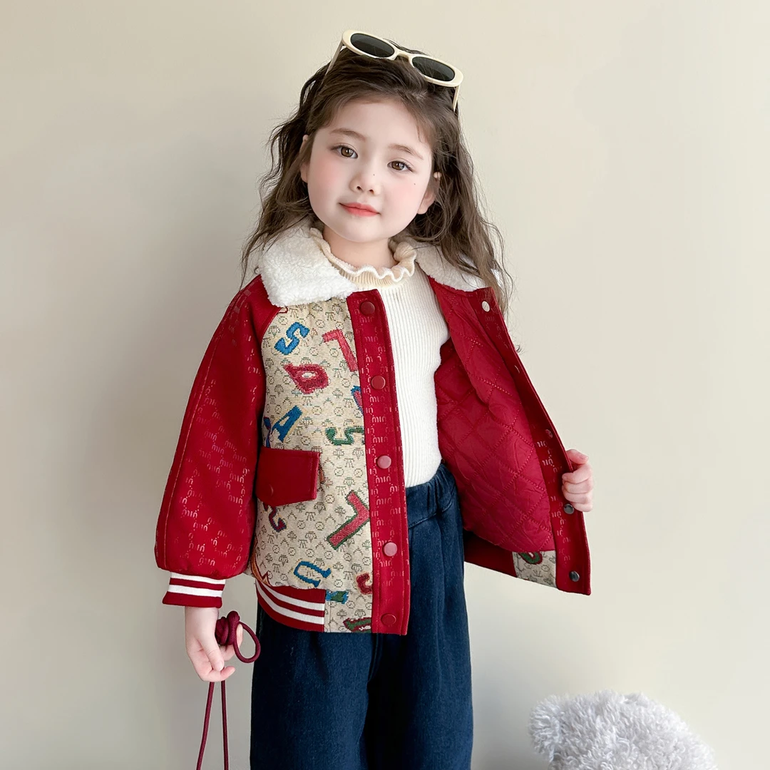 女童拼色皮衣加厚外套2025新款儿童休闲时髦冬装女宝洋气保暖好看