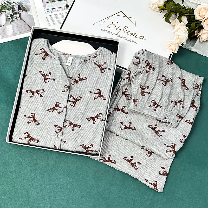 Sifuma/斯服玛《黑红蝴蝶结》莫代尔高定长袖长裤睡衣家居服套装