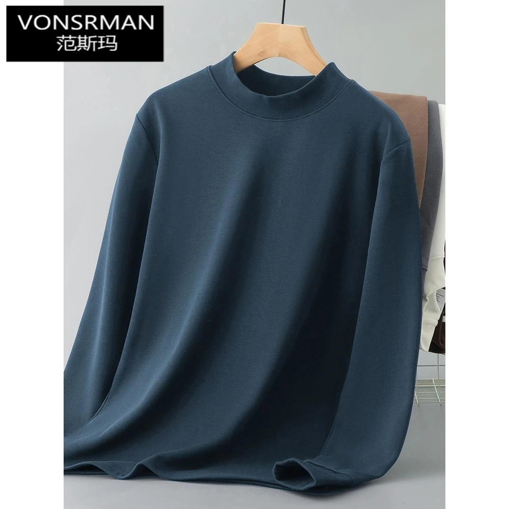 半高领长袖t恤男装秋冬内搭打底衫加绒加厚中领纯色体恤休闲百搭