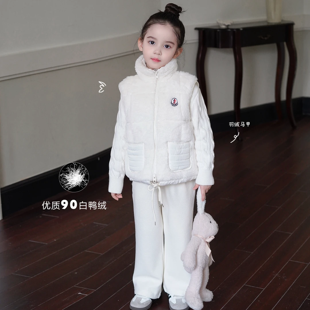 AnnieGirl冬季新款90白鸭绒女童时髦毛毛羽绒马甲宝宝休闲背心冬