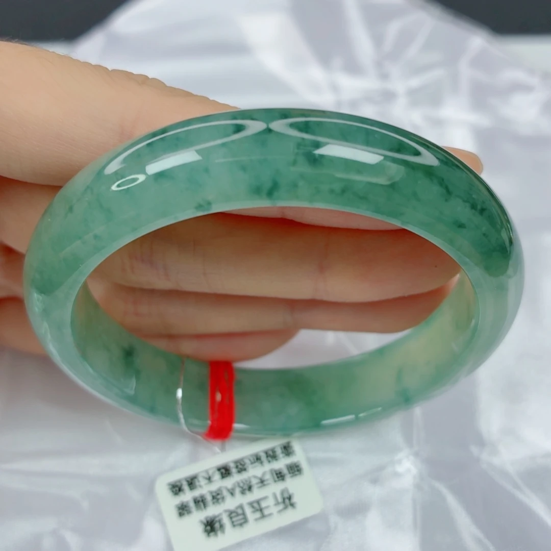 翡翠未镶嵌手镯54正圈，糯冰起光，满绿底小飘花，强推，015