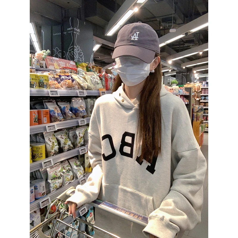 大小姐慵懒高品质大版宽松休闲连帽植绒印花字母卫衣帽衫秋季新品