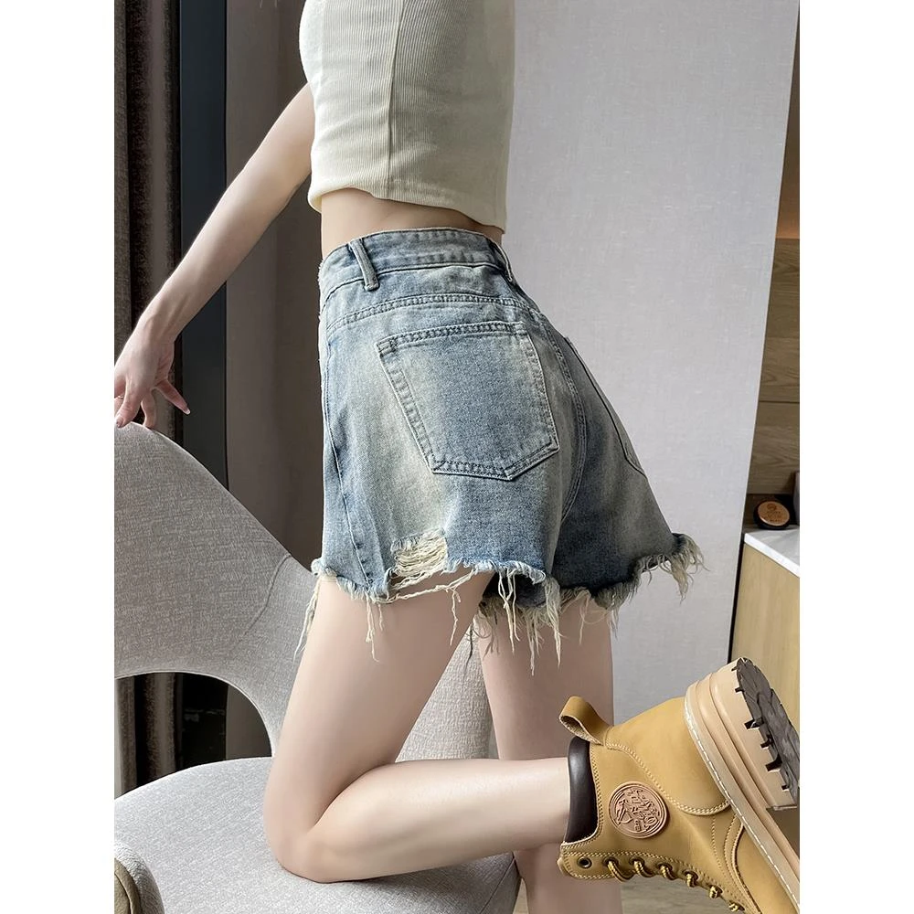 美式破洞牛仔短裤女夏季薄款2025新款辣妹小个子高腰显瘦a字热裤