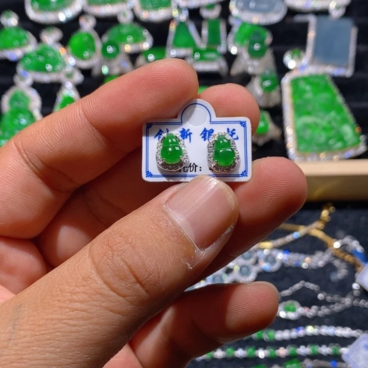 翡翠耳饰银S925镶嵌天然A货翡翠