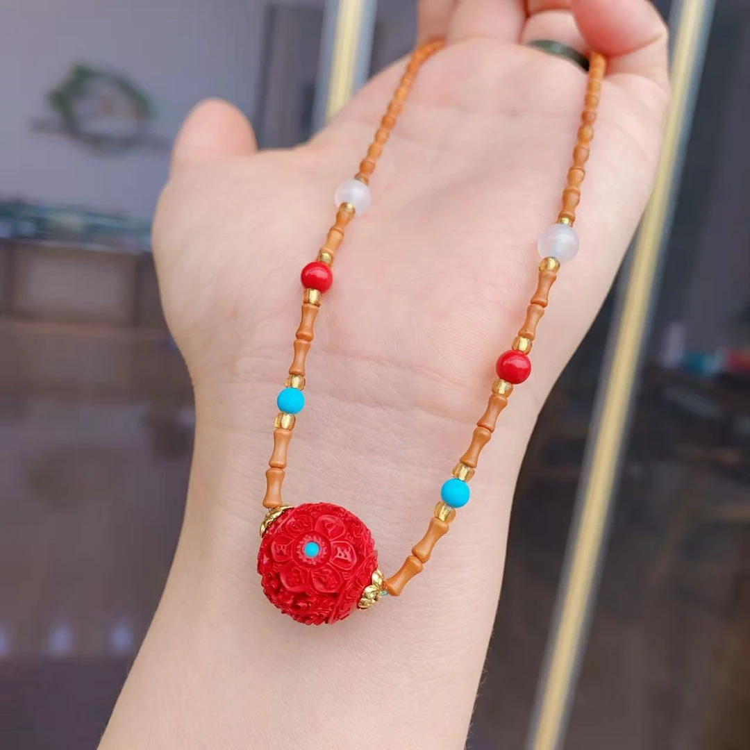 含辰砂工艺品朱砂转运珠搭配橄榄核竹节锁骨链