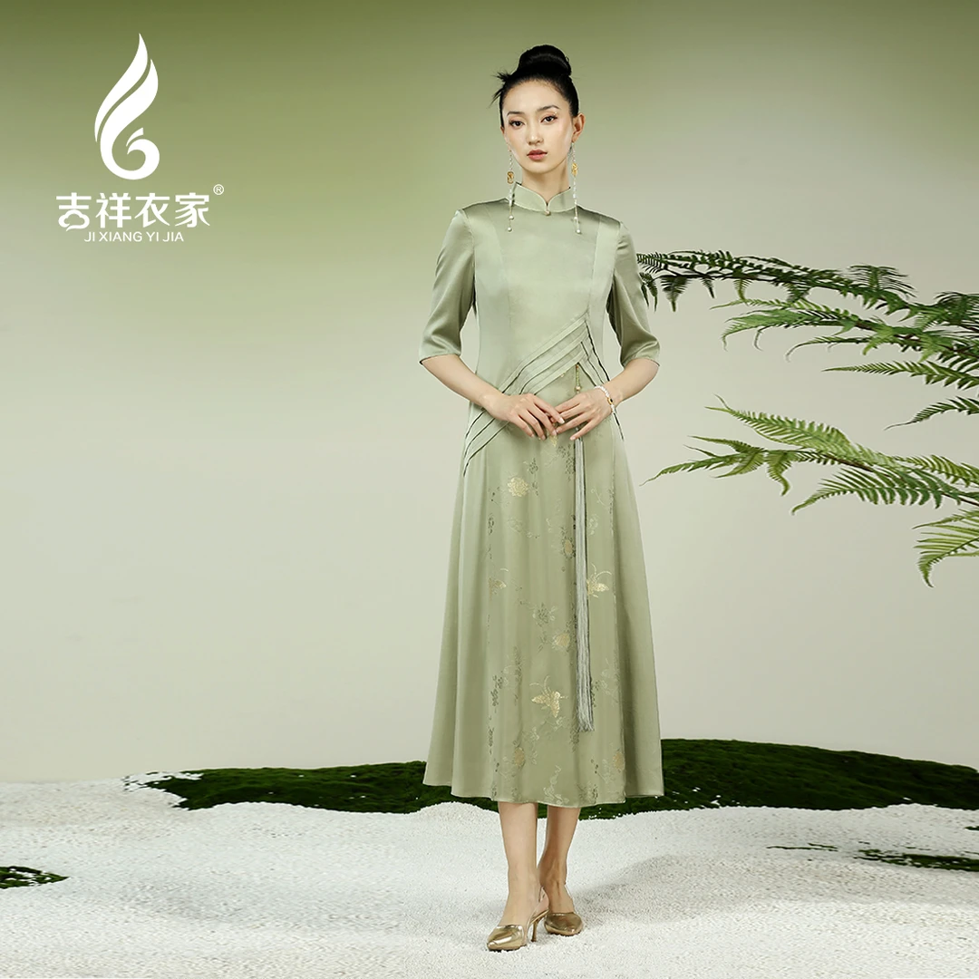 吉祥衣家新中式国风夏新款高端气质修身女装穿花峡蝶连衣裙