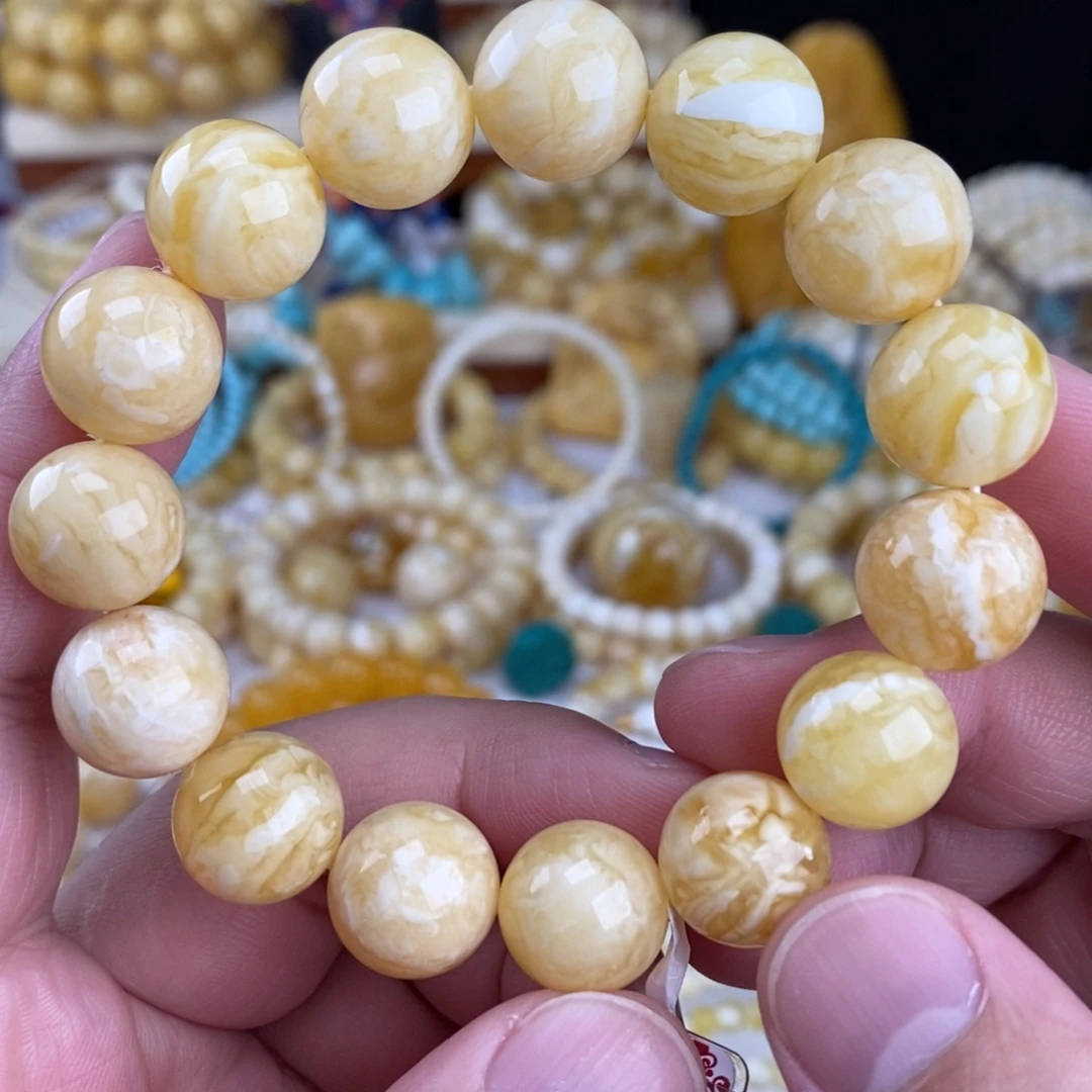 蜜蜡未镶嵌手链瓷白虎皮纹14.3mm圆珠