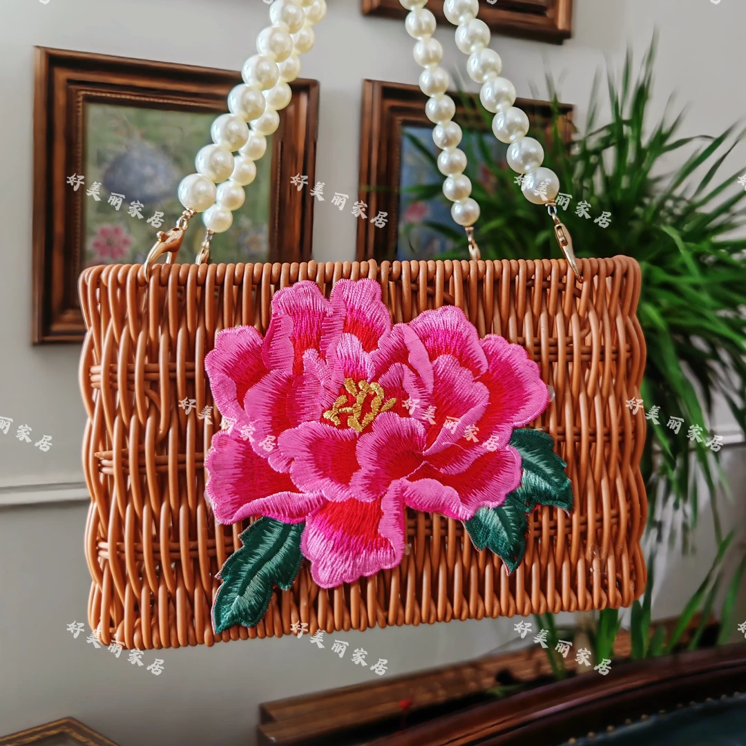 牡丹珍珠首饰筐牡丹收纳袋轻奢收纳篮衣物杂物（长形）20.21.13