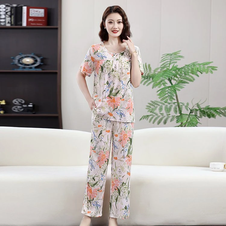 棉绸睡衣女2025夏季妈妈短袖家居服可外穿两件套装中老年绵大码薄