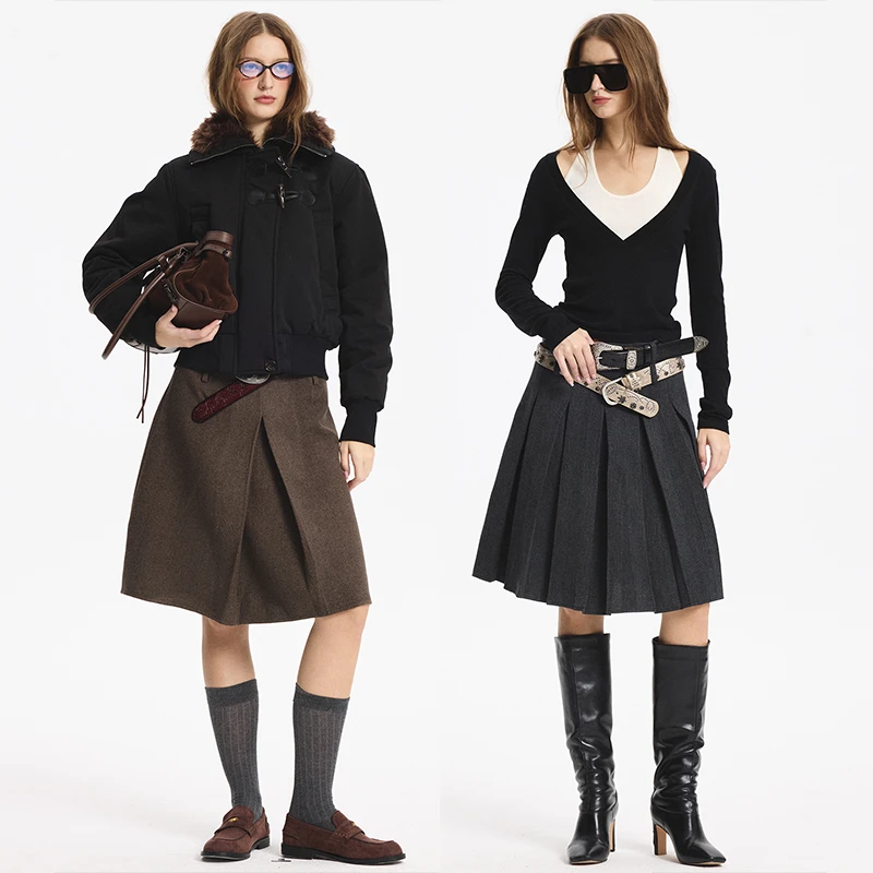 LEONSENSE/力上毛呢百褶裙正反两穿 简约老钱风A字半裙厚款冬装