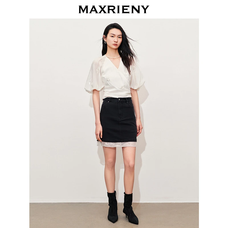 MAXRIENY高腰黑色蕾丝牛仔半身裙包臀短裙高级气质感女装修身显瘦