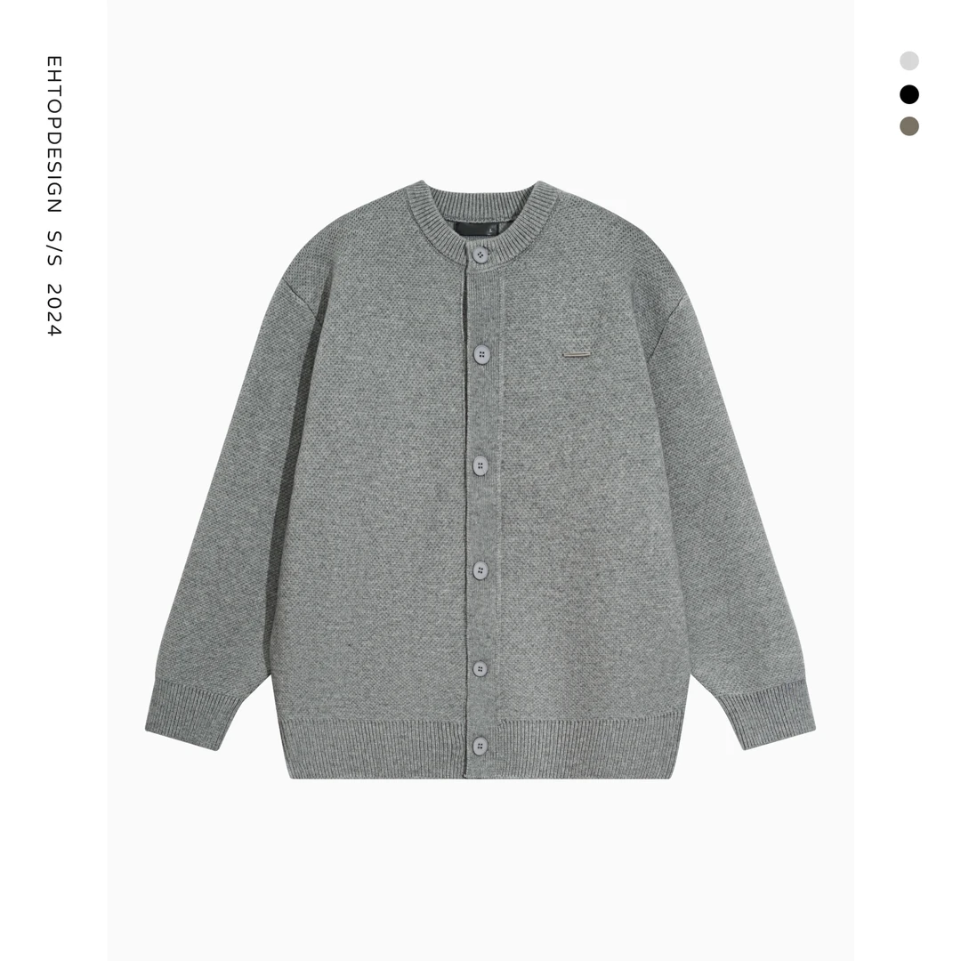 86788开春新款复古棒球领纯色男女同款宽松休闲百搭重磅毛衣外套