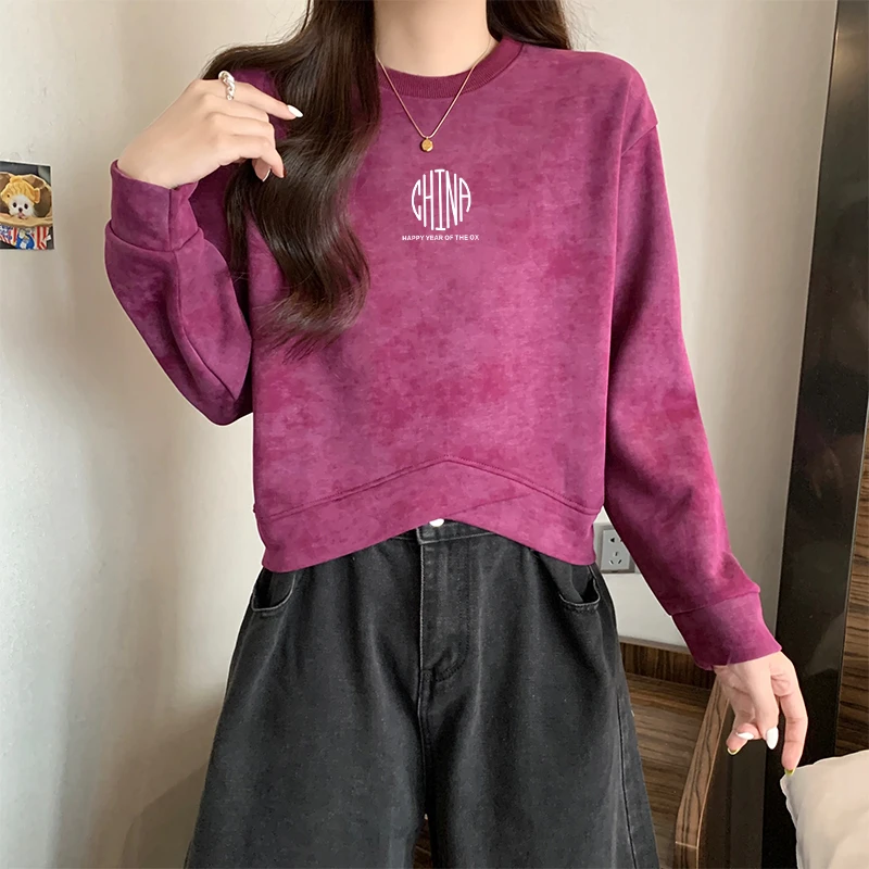 卫衣女秋冬2025年新款不规则美式复古宽松套头扎染设计感短款上衣