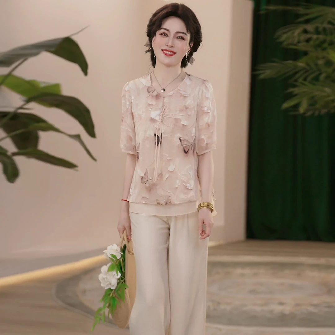 2025新款时尚国风妈妈装夏季休闲短袖T恤装洋气显瘦减龄套装女装