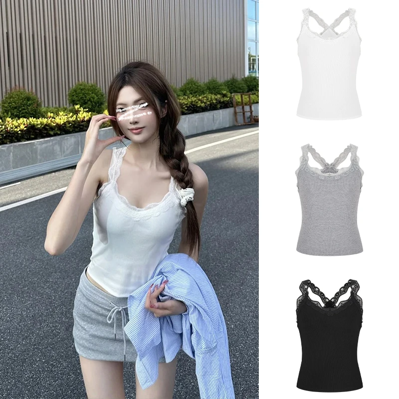 Moses Queen/魔西女王纯欲蕾丝花边吊带背心女外穿遮副乳短款上衣