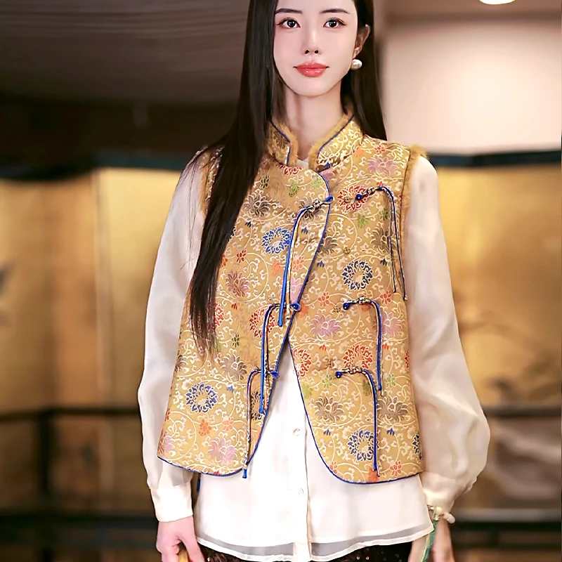 复古日记“金色缠枝莲”早春拜年服！手工莲花珠宋锦鹅绒马夹24HR301