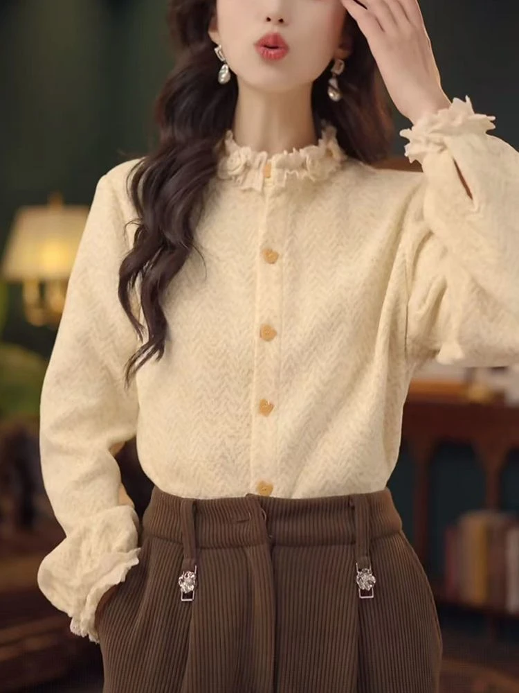 复古港风木耳边领衬衫上衣女2025秋冬洋气减龄宽松单排扣加厚衬衣