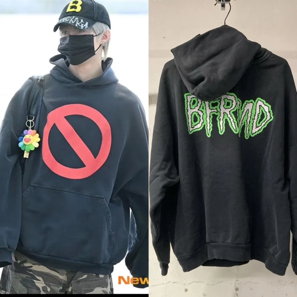 自主标 水洗复古禁止龟裂前后印花男女同款宽松套头卫衣