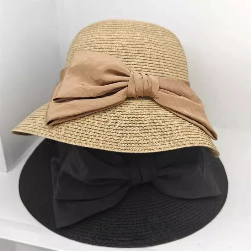 法式赫本风蝴蝶结草帽复古遮阳渔夫帽女甜美可折叠出游帽防晒盆帽