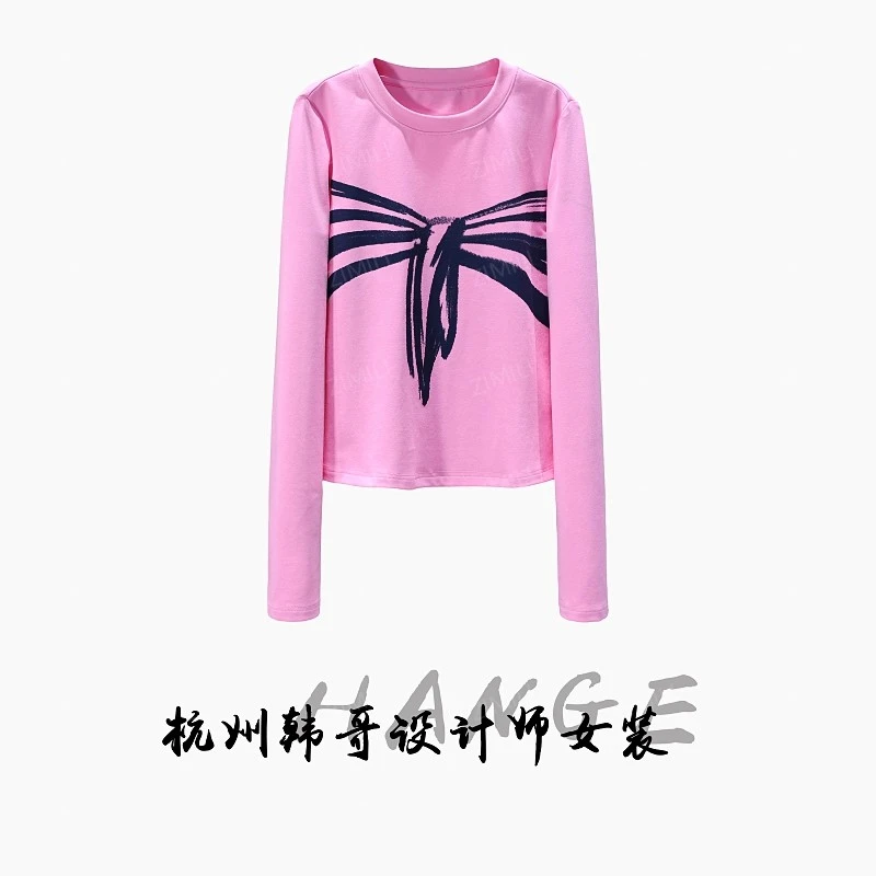 【韩哥女装】秋冬新品樱花粉蝴蝶结印花时尚长袖打底上衣10078-A3
