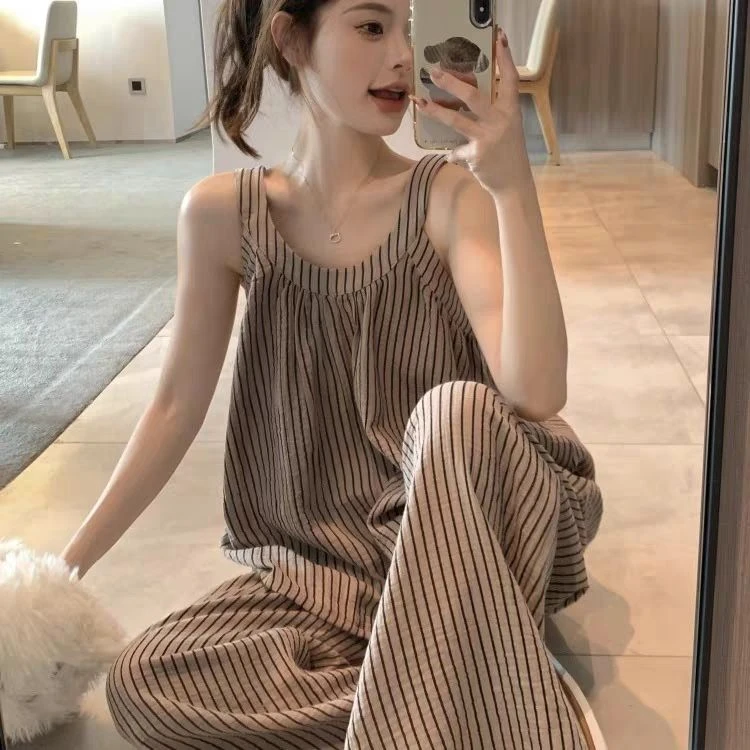 夏季条纹吊带长裤休闲家居服套装条纹洋气家居服透气可外穿睡衣女