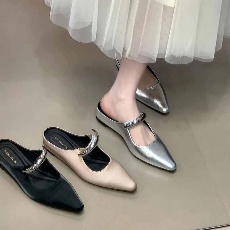 小众气质高级感尖头浅口半拖2025夏季新款内增高通勤包头拖鞋女