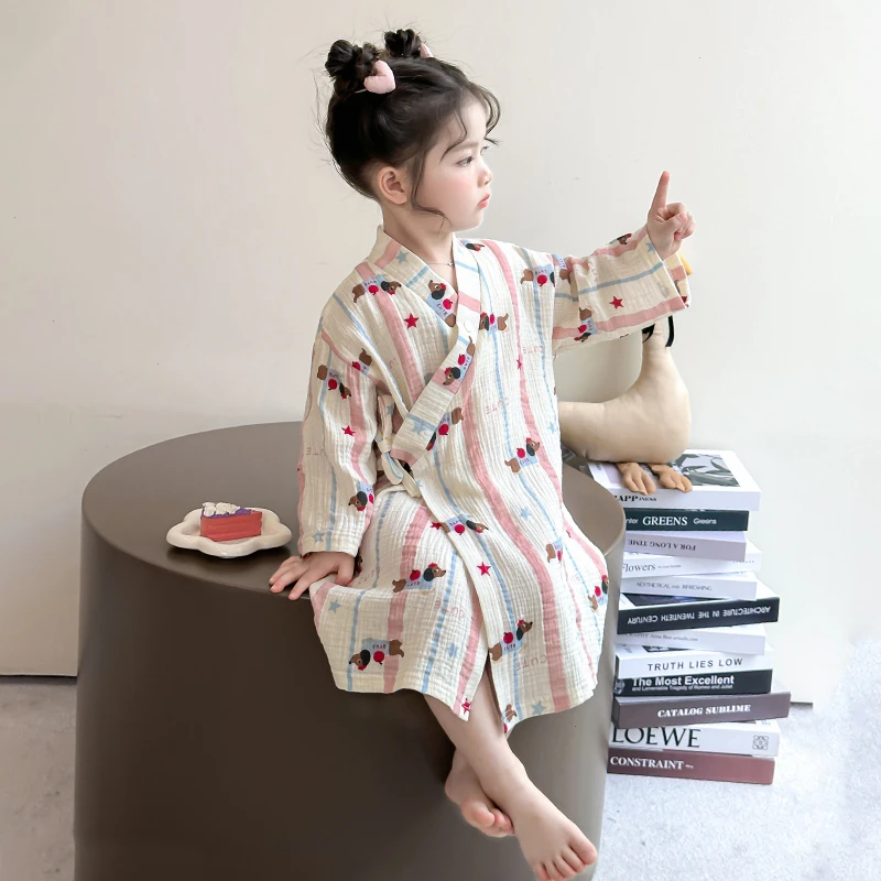 儿童睡袍睡衣女童纯棉家居服春秋款女宝宝卡通浴袍棉麻纱布睡裙