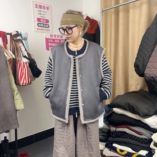 常规款冬季透气纯色拼接纽扣马夹针织套装加绒宽松