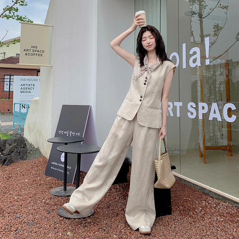 韩系休闲马甲套装女2025年夏季新款设计感穿搭一整套阔腿裤两件套