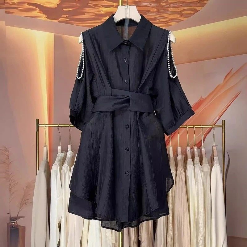 2025夏装新款韩版时尚露肩中长款衬衫+阔腿短裤两件套休闲套装女