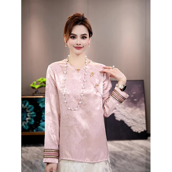 新中式时尚新款刺绣提花圆领长袖休闲气质百搭复古国风显瘦上衣女