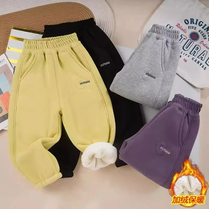 女童加绒裤子一体绒秋冬新款儿童束脚裤女大童冬季加厚时尚糯米裤