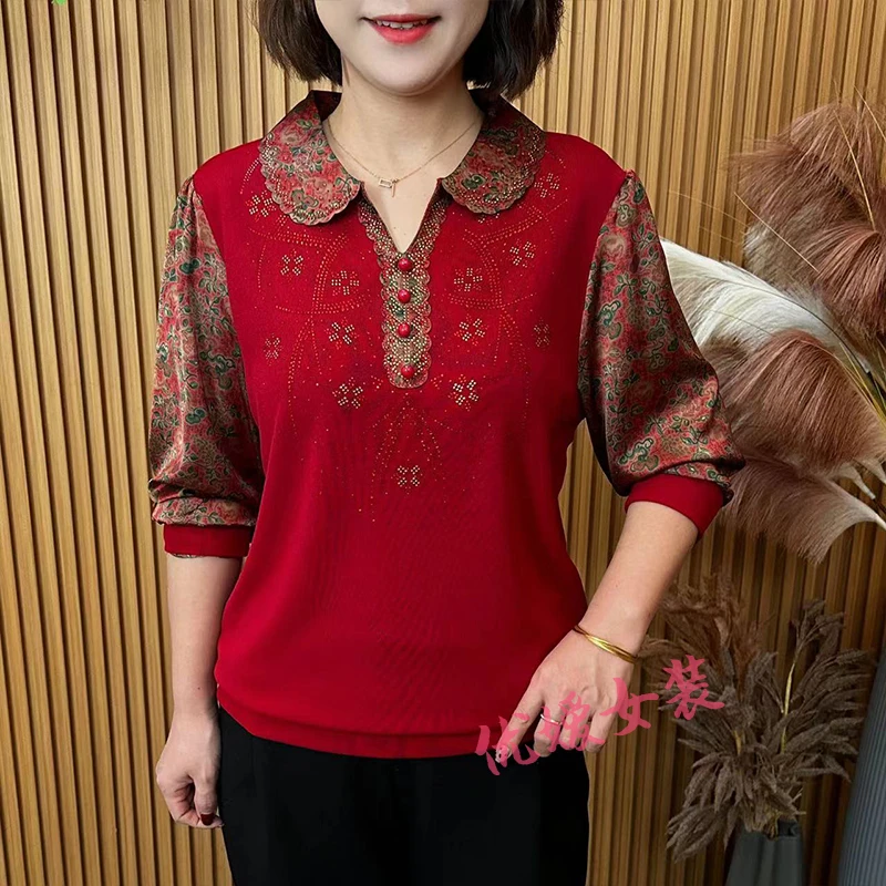 2025春节喜庆穿搭翻领拼接烫钻显瘦百搭洋气妈妈装长袖上衣 A8810