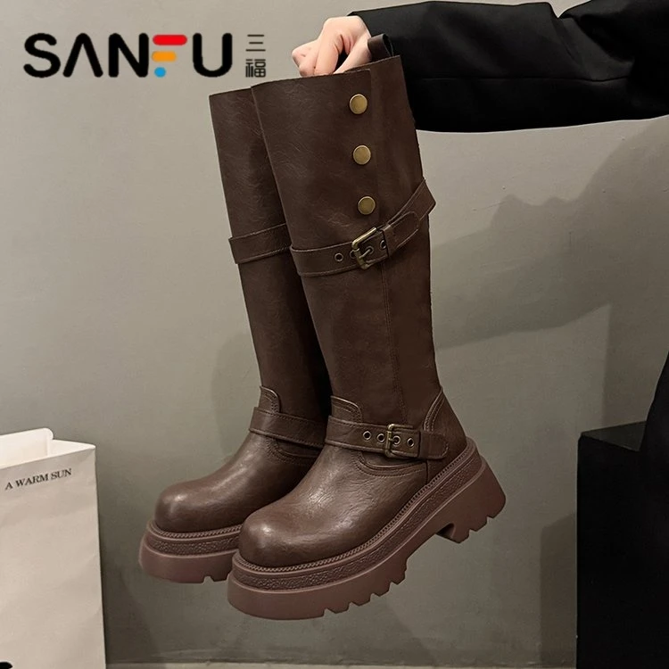 三福英伦风高筒靴子秋冬厚底长筒靴女2025新款爆款增高粗腿骑士靴