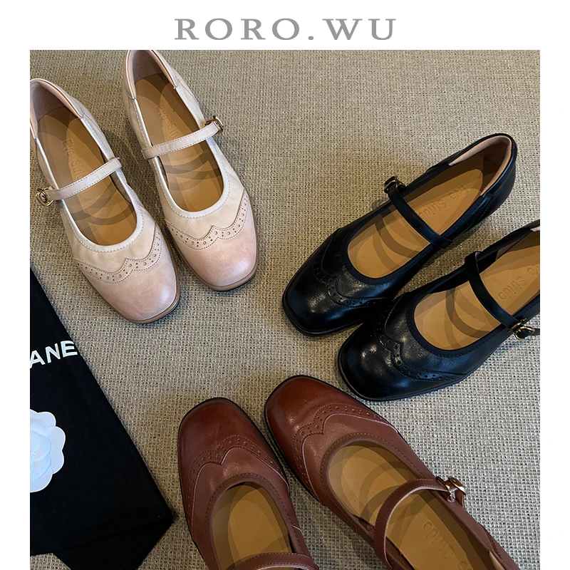 娆娆吴·头层水洗牛皮雕花法式简约日常一字扣带玛丽珍单鞋女M085
