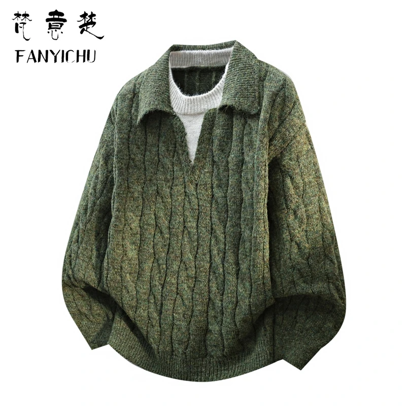 假两件翻领毛衣男款秋冬季新款美式复古宽松慵懒风痞帅麻花针织衫