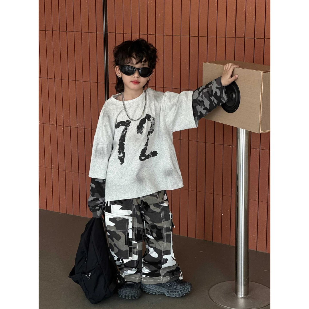 【漠屿】25年春季假两件豹纹T恤男童中小童长袖上衣时尚百搭韩宽松