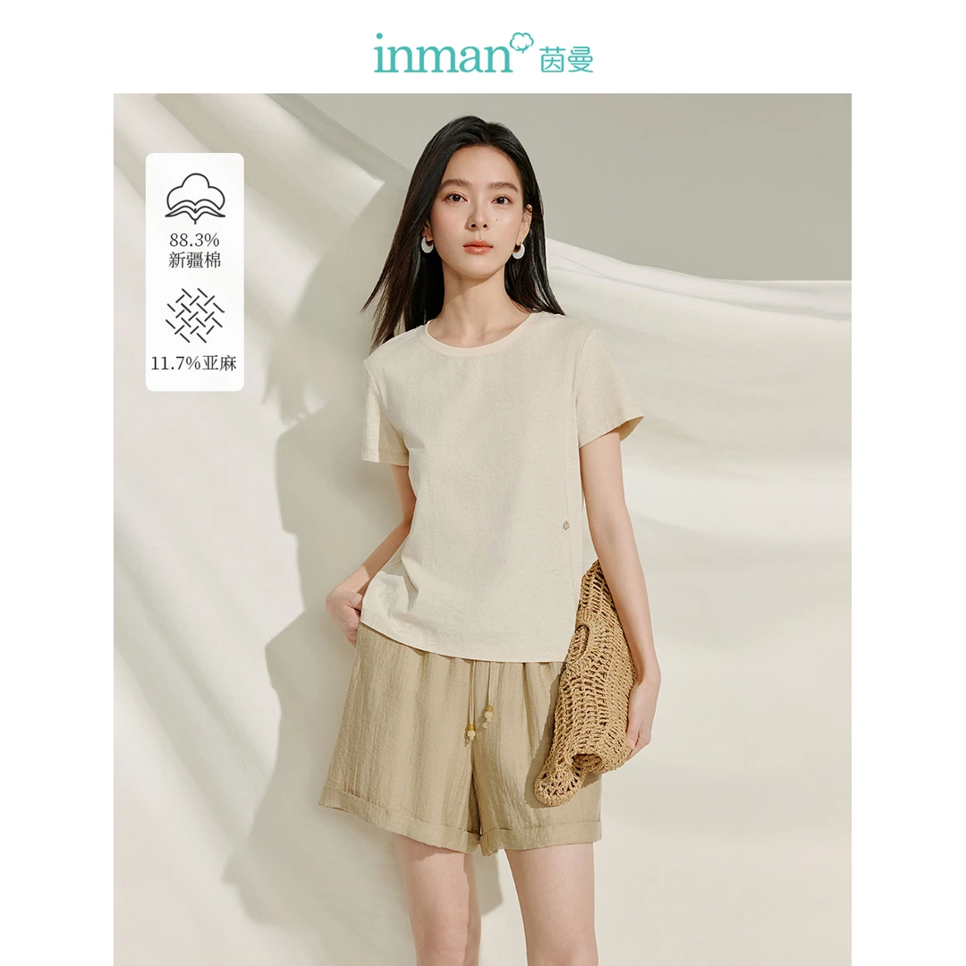 【欧若风新品】茵曼夏季简约圆领正肩T恤通勤纯色显瘦亚麻短袖上衣