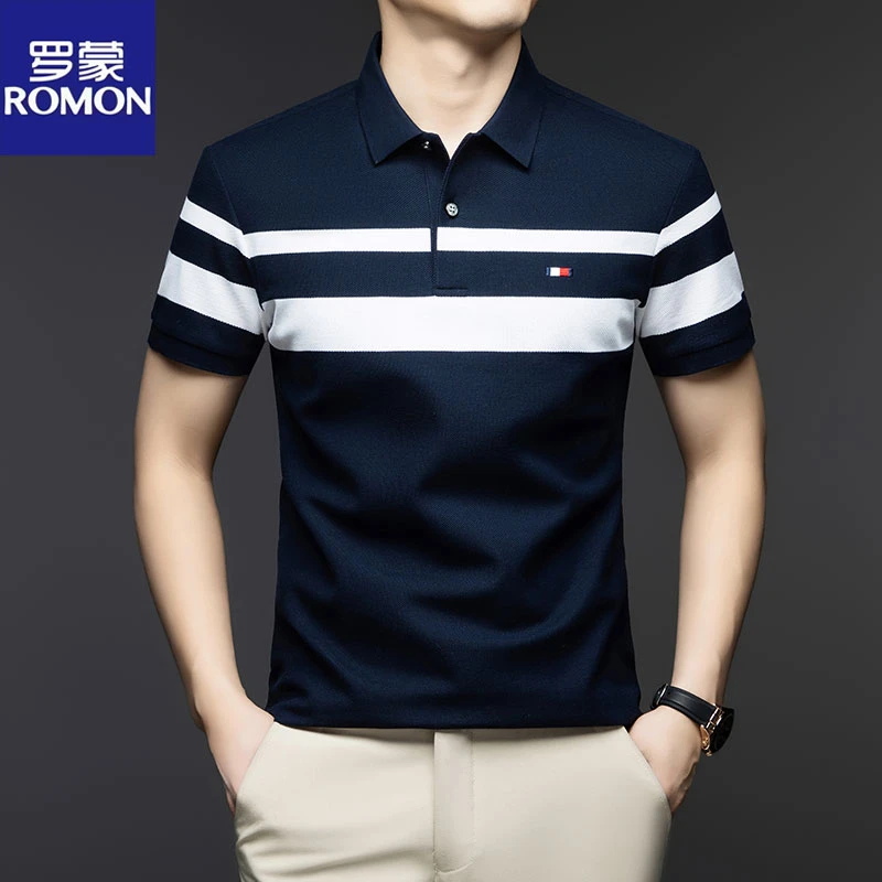 罗蒙夏季中年男士短袖T恤翻领条纹半袖polo衫商务休闲体恤衫男装