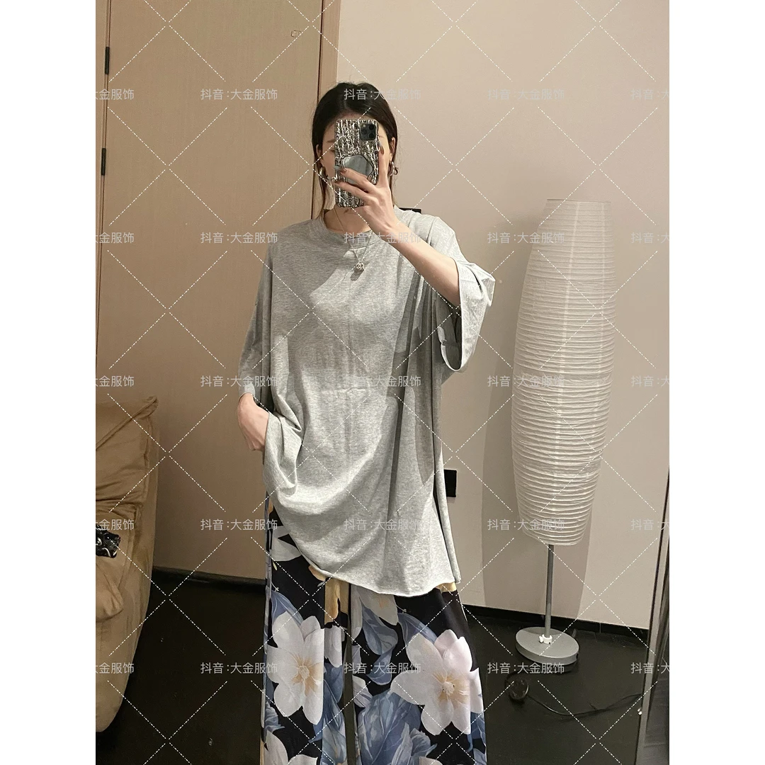 【尼斯周末 纯色中袖T恤上衣】夏季休闲气质宽松灰色设计感