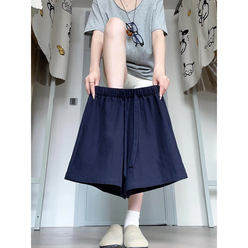 藏青色棉麻短裤女夏季外穿2025新款小个子宽松亚麻休闲阔腿五分裤