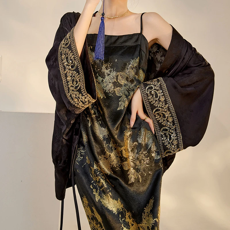 【大女主】夏季新款新中式轻奢气质印花人丝衬衫复古名媛吊带裙套装